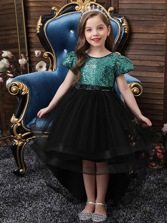 Blumenmädchenkleider Jewel Neck Tulle Short Sleeves Knielange Silhouette Bows Kids Party Princess Kleider