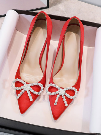 女性用パンプススリッポンポインテッドトゥスティレットヒールパールクラシックロートップホワイトヒール