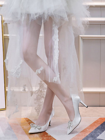 女性用パンプススリッポンポインテッドトゥスティレットヒールパールクラシックロートップホワイトヒール