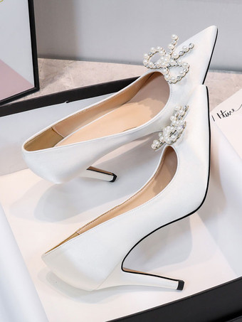 女性用パンプススリッポンポインテッドトゥスティレットヒールパールクラシックロートップホワイトヒール