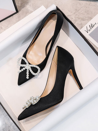 女性用パンプススリッポンポインテッドトゥスティレットヒールパールクラシックロートップホワイトヒール