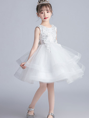 Vestidos de florzinha branca com decote em joia mangas curtas bordados vestidos infantis