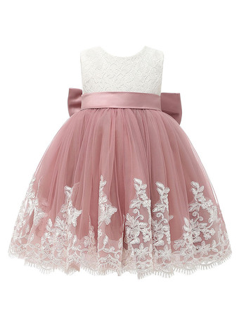 Robe cortège enfrant cameo rose en tulle col rond noeud sur dos Robe de baptême