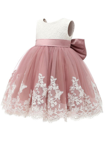 Robe cortège enfrant cameo rose en tulle col rond noeud sur dos Robe de baptême
