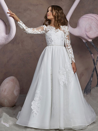 フラワーガールドレス ジュエルネック 長袖 刺繍入り 子供用パーティードレス