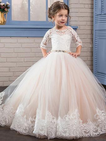 Flower Girl Dresses Jewel Neck Lace Long Sleeves Floor Length Princess Silhouette Embroidered Formal Kids Pageant Dresses