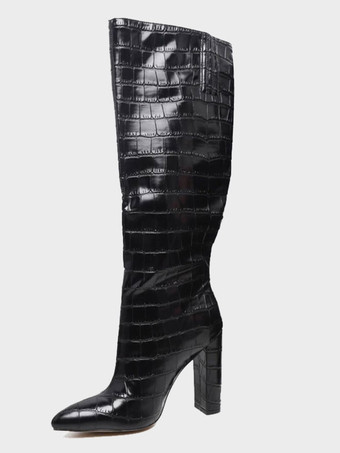 レディースニーハイブーツ　PUレザー　ブラック　ラウンドトゥ　ストーン柄　チャンキーヒールブーツ