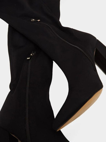 女性オーバーザニーブーツ弾性生地ブラックラウンドトゥチャンキーヒールサイハイブーツ