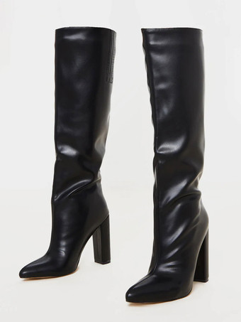 女性のニーハイブーツレザーラウンドトゥチャンキーヒールブーツ