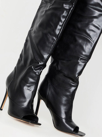 女性の腿の高いブーツ ブラック ピープトウ レザー スティレット ヒール