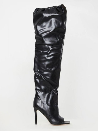 女性の腿の高いブーツ ブラック ピープトウ レザー スティレット ヒール