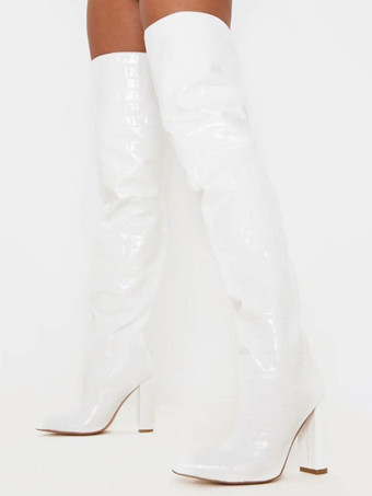 Damen Overknee-Stiefel Leder White Pointed Toe Chunky Heels