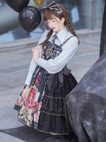 黒ロリータブラウスポリエステルターンオーバーカラー長袖トップクラシックロリータシャツ