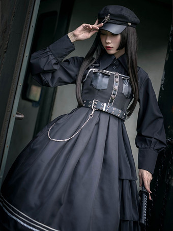 黒ロリータブラウスポリエステルターンオーバーカラー長袖トップクラシックロリータシャツ