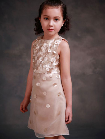 フラワーガールドレスジュエルネックノースリーブビーズキッズパーティードレス子供用Aラインスカート
