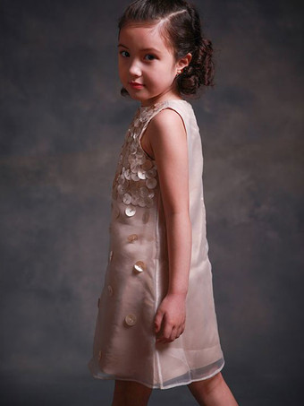 フラワーガールドレスジュエルネックノースリーブビーズキッズパーティードレス子供用Aラインスカート