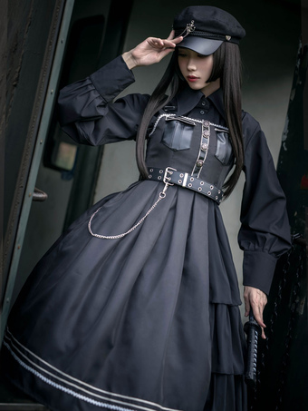 Military Style Lolita JSK Dress Black PU Chains Gothic Lolita Jumper Skirts