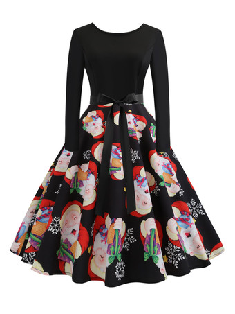 ブラック クリスマスヴィンテージドレス1950年代ジュエルネックレースアップレイヤードロングスリーブ女性のミディアムクリスマスパターンロカビリードレス