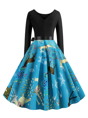 クリスマスヴィンテージドレス1950年代ジュエルネックレースアップレイヤードロングスリーブ女性のミディアムクリスマスパターンロカビリードレス