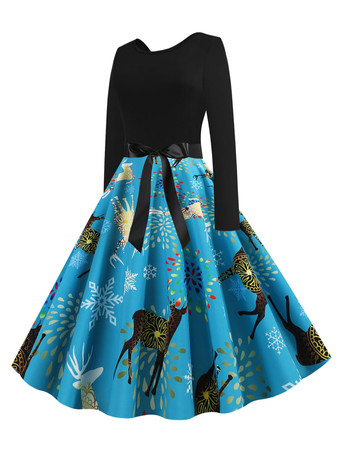 クリスマスヴィンテージドレス1950年代ジュエルネックレースアップレイヤードロングスリーブ女性のミディアムクリスマスパターンロカビリードレス