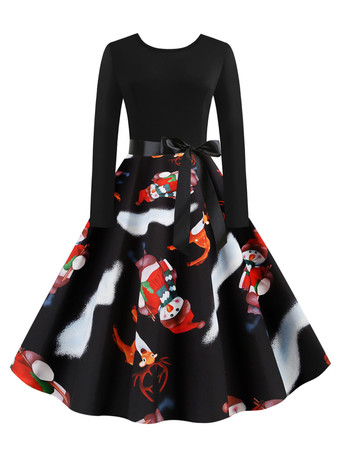 ブラックシルバークリスマスヴィンテージドレス1950年代ジュエルネックレースアップレイヤードロングスリーブ女性のミディアムクリスマスパターンロカビリードレス