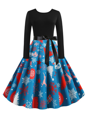 ティールクリスマスヴィンテージドレス1950年代ジュエルネックレースアップレイヤードロングスリーブ女性のミディアムクリスマスパターンロカビリードレス