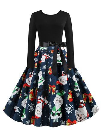 ディープブルークリスマスヴィンテージドレス1950年代ジュエルネックレースアップレイヤードロングスリーブ女性のミディアムクリスマスパターンロカビリードレス