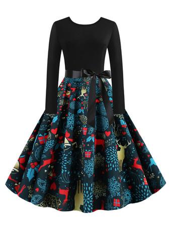 ダークネイビークリスマスヴィンテージドレス1950年代ジュエルネックレースアップレイヤードロングスリーブ女性のミディアムクリスマスパターンロカビリードレス