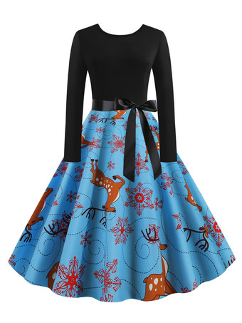 ライトスカイブルークリスマスヴィンテージドレス1950年代ジュエルネックレースアップレイヤードロングスリーブ女性のミディアムクリスマスパターンロカビリードレス