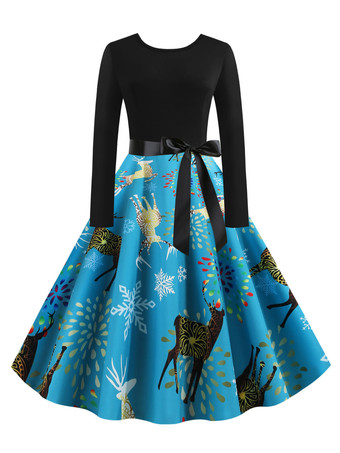 シアンクリスマスヴィンテージドレス1950年代ジュエルネックレースアップレイヤードロングスリーブ女性のミディアムクリスマスパターンロカビリードレス