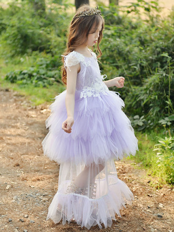 フラワーガールドレスジュエルネックポリエステルノースリーブ膝丈プリンセスシルエットフェザーレースキッズドレス