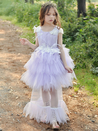 フラワーガールドレスジュエルネックポリエステルノースリーブ膝丈プリンセスシルエットフェザーレースキッズドレス