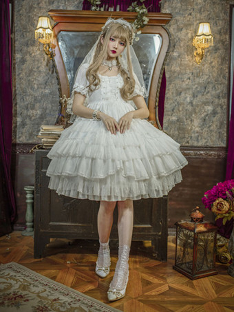 White Sweet Lolita OP Dress Wedding Dress Neverland Cascading Ruffles Bows Floral Print Short Sleeves Lolita One Piece Dresses