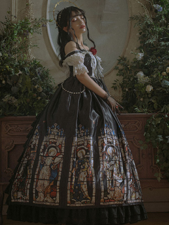 Black Gothic Lolita JSK Dress Wedding Dress Neverland Floral Print Cascading Ruffles Bows Lolita Jumper Skirts