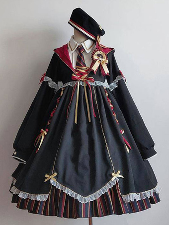Academy Lolita OP Dress Black Ruffles Long Sleeve Polyester Magic School Uniform Lolita One Piece Dresses
