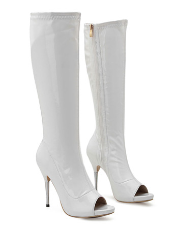 レッド レザー ピープ トゥ ニーハイ ブーツ ジッパー スティレット ブライト レザー ヒール ニーレングス ブーツ