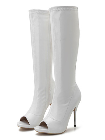 ホワイト レッド レザー ピープ トゥ ニーハイ ブーツ ジッパー スティレット ブライト レザー ヒール ニーレングス ブーツ