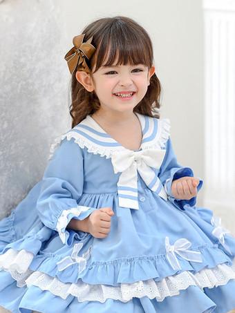 キッズスウィートロリータピンクフリルポリエステルセーラーカラー長袖キッズワンピースワンピース - Lolitashow.com