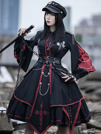 ゴシックロリータOPドレス ミリタリースタイル 3点セット 長袖 ポリエステル ロリータセット ブラック