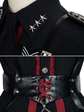 ゴシックロリータOPドレス ミリタリースタイル 3点セット 長袖 ポリエステル ロリータセット ブラック