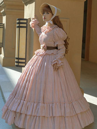 Customized Sweet Lolita Vintage Long Dress Wedding Dress Bows Pink Ruffles Floral Print Short Sleeves Lolita One Piece Dresses