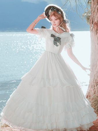 Customized Sweet Lolita OP Wedding Dress Long Dress Neverland Floral Print White Cascading Ruffles Short Sleeve Bows Lolita One Piece Dresses