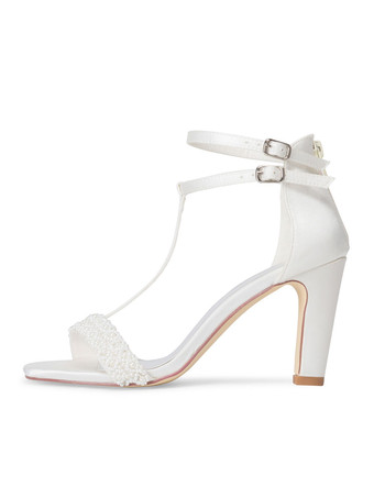 女性の結婚式の靴アイボリーPUレザーTタイプバンデージパールのぞき見つま先チャンキーヒールブライダルサンダル