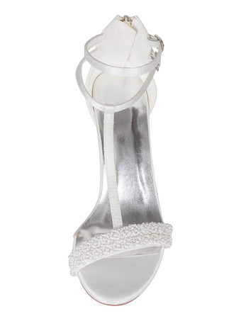 女性の結婚式の靴アイボリーPUレザーTタイプバンデージパールのぞき見つま先チャンキーヒールブライダルサンダル