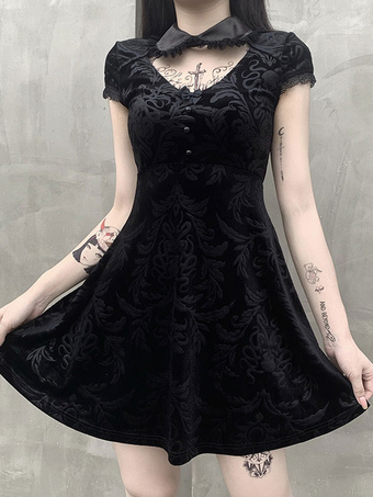 Vestido gótico negro de mujer Vestido retro de poliéster de manga corta