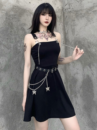 Women's Black Gothic Dress Waist Chain Polyester Sleeveless Summer Dress