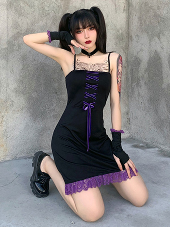 Women Gothic Dress Black Polyester Spaghetti Lace Women's Dress