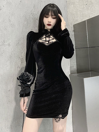 Black Gothic Dress Front Lace Bandage Polyester Black Women's Dress