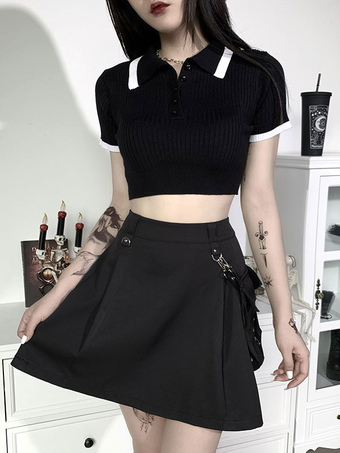 Women's Black Gothic Polo Shirt Turndown Collar Cotton Short Sleeve Top