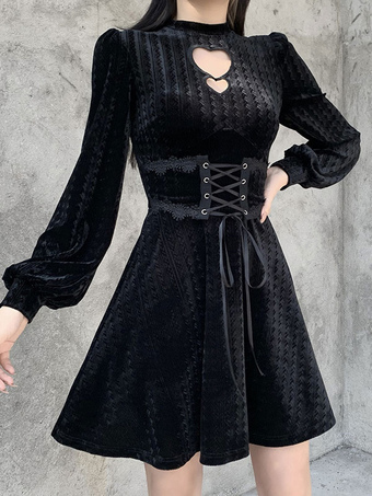 Women's Gothic Dress Front Lace Bandage Black Korean Velvet Tunic Retro Dress